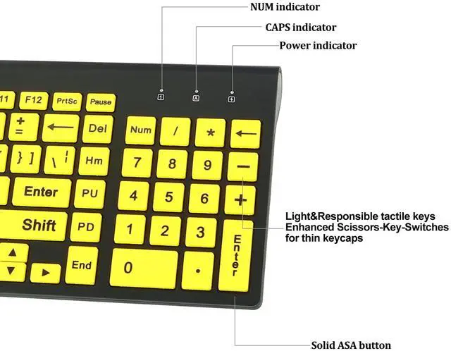 Alt view image 5 of 5 - FONICER Full Size Large Print 2.4g Wireless Keyboard and Mouse with Oversized Print for Kids Visually Impaired Low Vision Individuals (Yellow)