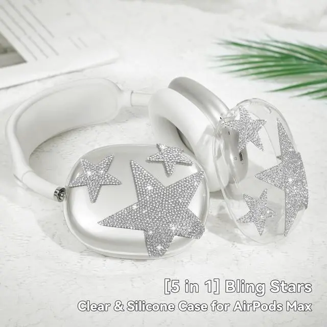 Alt view image 2 of 5 - Bling Case Cover for AirPods Max, [5 in 1] Silicone Clear Sparkling Soft TPU Earcup/Ear Pad Case/Headband Cover Glittering Rhinestones Stars Accessories for Apple AirPods Max New USB-C (2024), White