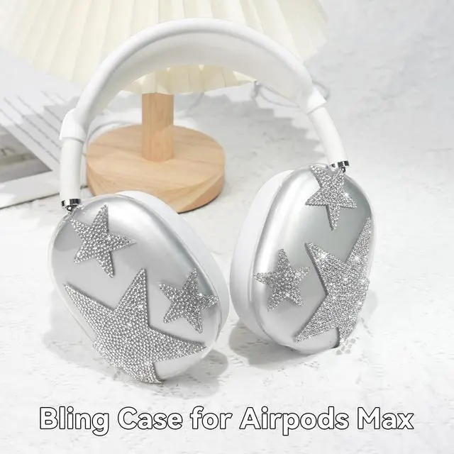 Alt view image 3 of 5 - Bling Case Cover for AirPods Max, [5 in 1] Silicone Clear Sparkling Soft TPU Earcup/Ear Pad Case/Headband Cover Glittering Rhinestones Stars Accessories for Apple AirPods Max New USB-C (2024), White