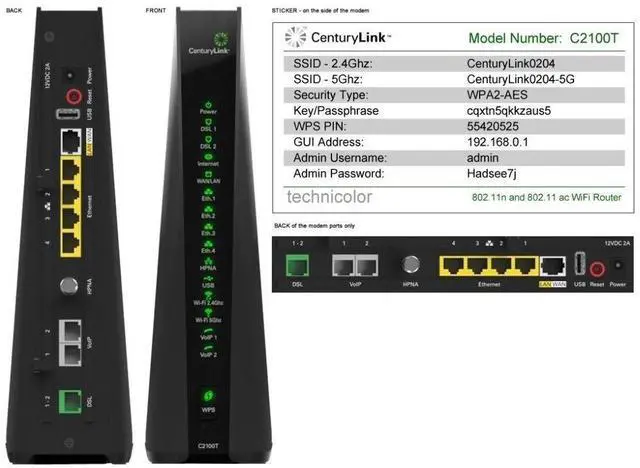 Alt view image 2 of 3 - CenturyLink Prism TV Technicolor C2100T 802.11AC Modem Router Gigabit DSL Fiber 2.4/5GHz
