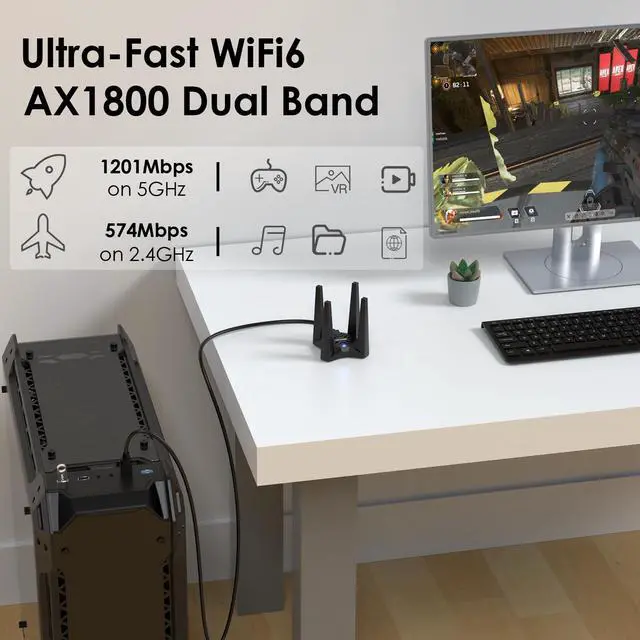 Alt view image 3 of 5 - USB WiFi Adapter for Desktop PC, AX1800 WiFi Adapter Dual Band Wireless Network Adapter with 2.4GHz/5GHz High Gain Antennas, MU-MIMO, Supports Windows 10/11,WPA3