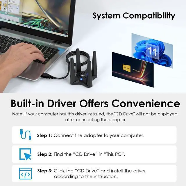 Alt view image 4 of 5 - USB WiFi Adapter for Desktop PC, AX1800 WiFi Adapter Dual Band Wireless Network Adapter with 2.4GHz/5GHz High Gain Antennas, MU-MIMO, Supports Windows 10/11,WPA3