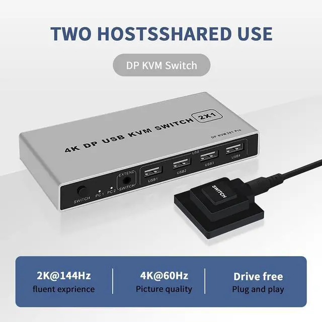 Alt view image 5 of 5 - 2 Port Displayport KVM Switch 4K@60Hz, BolAAzuL Dual-Port Displayport DP 1.2 KVM Switcher 2X1 4KX2K@60Hz 2K(2560X1440)@144Hz Supports USB DP 2 in 1 Out