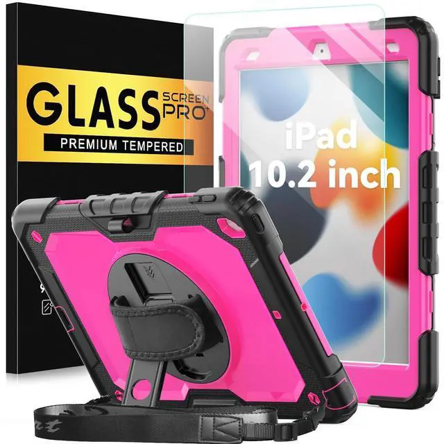 Main image of BLOSOMEET Case for iPad 9th Generation 2021 10.2 Inch with Tempered Glass Screen Protector & Pencil Holder,Protective Kids iPad 7th/8th Gen Cover 2020 2019 w/Stand Hand Shoulder Strap,Rosered