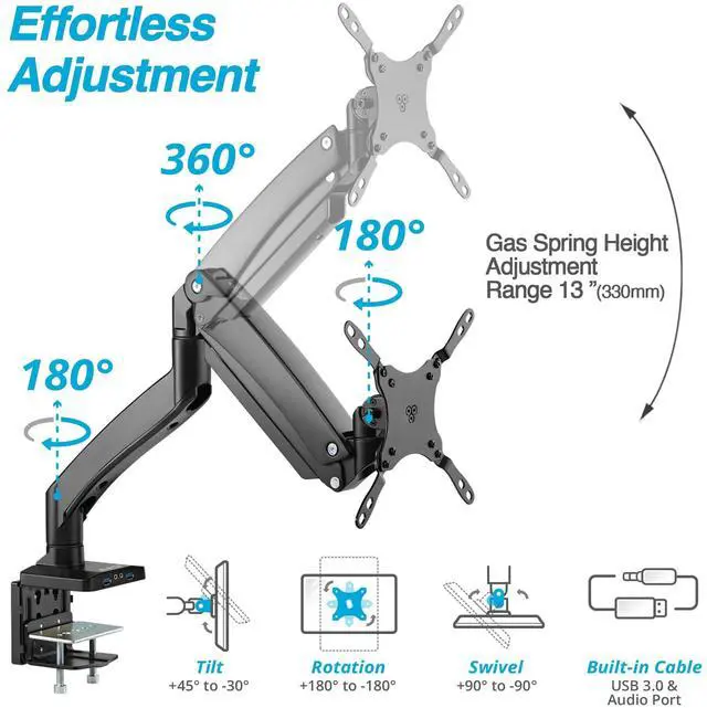 Alt view image 3 of 5 - AVLT Single 17"-49" Super Ultrawide Monitor Arm for Screens Up to 50 lbs, Premium Aluminum Desk Stand, Adjustable Pneumatic Height, Full Motion Swivel Tilt Rotation, USB 3.0 & AUX Ports, Black