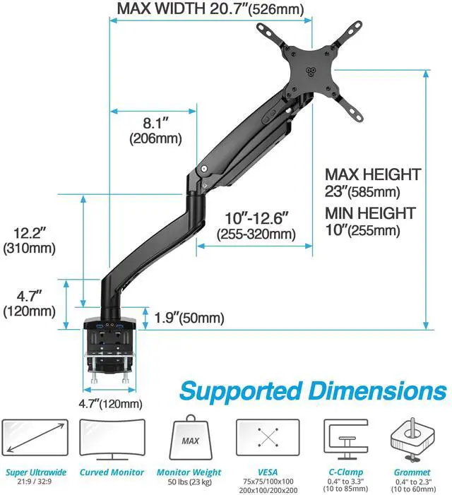 Alt view image 2 of 5 - AVLT Single 17"-49" Super Ultrawide Monitor Arm for Screens Up to 50 lbs, Premium Aluminum Desk Stand, Adjustable Pneumatic Height, Full Motion Swivel Tilt Rotation, USB 3.0 & AUX Ports, Black