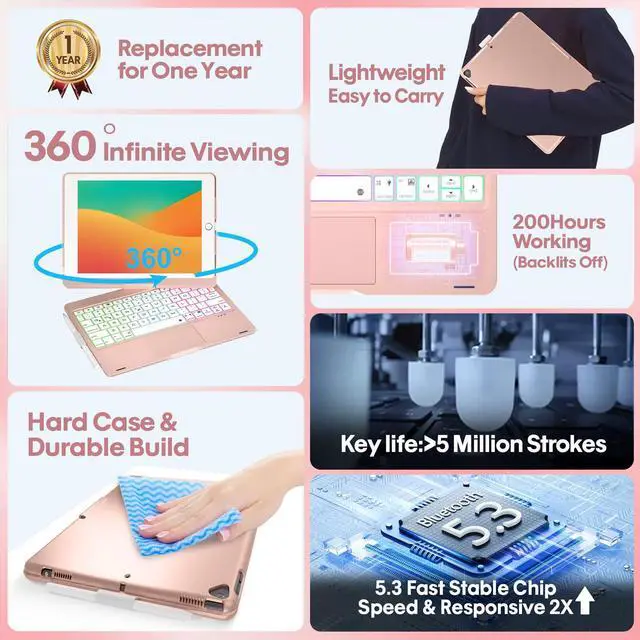 Alt view image 3 of 5 - BABG iPad 9th Generation Case with Keyboard,360° Rotatable,Touchpad,Backlit Keyboard with Pencil Holder for 10.2 inch iPad 9th Gen 2021/ 8th Gen 2020/7th Gen 2019 and iPad Air 3/Pro 10.5"-Rose Gold