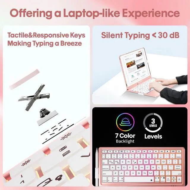 Alt view image 4 of 5 - BABG iPad 9th Generation Case with Keyboard,360° Rotatable,Touchpad,Backlit Keyboard with Pencil Holder for 10.2 inch iPad 9th Gen 2021/ 8th Gen 2020/7th Gen 2019 and iPad Air 3/Pro 10.5"-Rose Gold