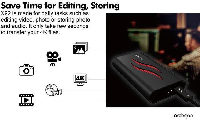 Alt view image 4 of 5 - Archgon 1TB Thunderbolt 3 Certified Aluminum External SSD Portable M.2 PCIe NVMe Solid State Drive with Dual Layer Heatsink Max. Speed up to Read 3400MB/s Model X92 (1TB, Black)