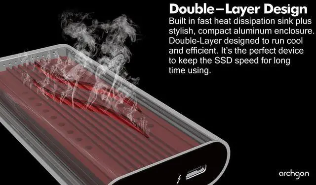 Alt view image 3 of 5 - Archgon 1TB Thunderbolt 3 Certified Aluminum External SSD Portable M.2 PCIe NVMe Solid State Drive with Dual Layer Heatsink Max. Speed up to Read 3400MB/s Model X92 (1TB, Black)