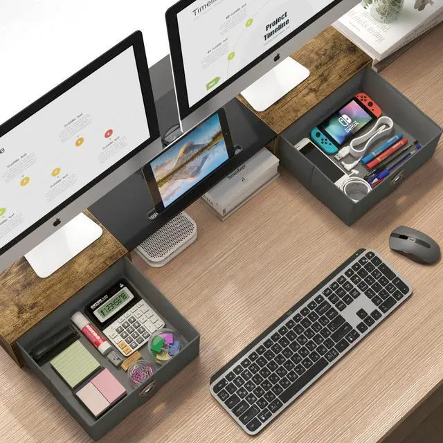 Alt view image 2 of 5 - WESTREE Dual Monitor Stand Riser with Two Drawers, Extra Large Storage for 2 Monitors, Desktop Oraganizer Computer,Laptop,Screen,Printer,TV