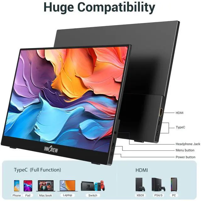 Alt view image 4 of 5 - InnoView Portable Monitor, 15.6 Inch FHD 1080P HDMI USB C Second External Monitor for Laptop, Desktop, MacBook, Phones, Tablet, PS5/4, Xbox, Switch, Built-in Speaker with Protective Case