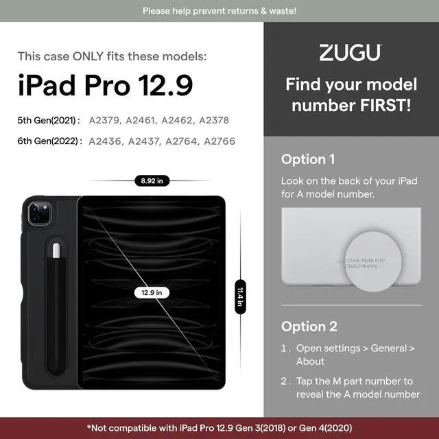 Alt view image 2 of 5 - ZUGU Case for iPad Pro 12.9 Case 5th / 6th Generation Stand 2021/2022, Slim Protective Cover with Wireless Apple Pencil Charging, Magnetic Stand & Sleep/Wake Magnetic Cover, Stealth Black