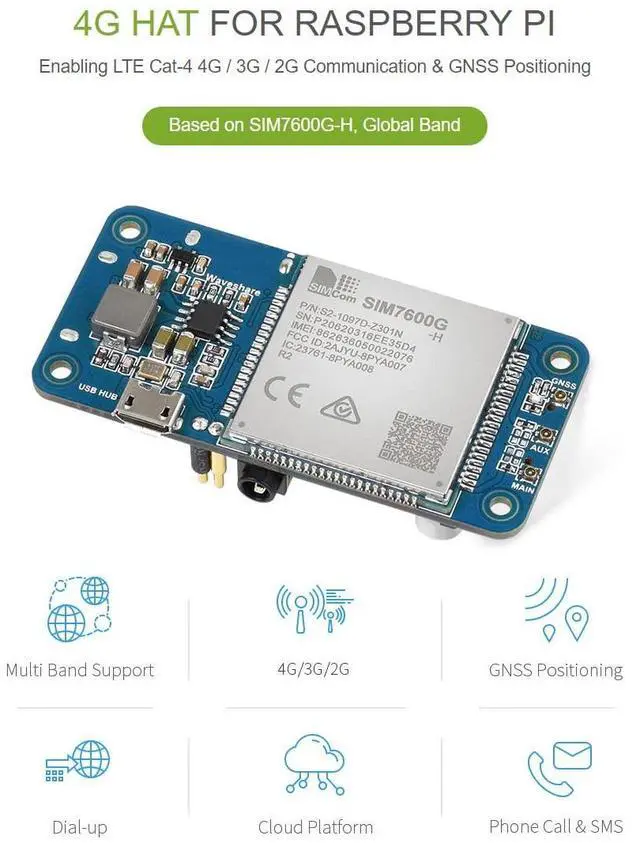 Alt view image 3 of 5 - Waveshare SIM7600G-H 4G HAT (B) for Raspberry Pi Supports LTE Cat-4 4G/3G/2G GNSS Positioning Global Band