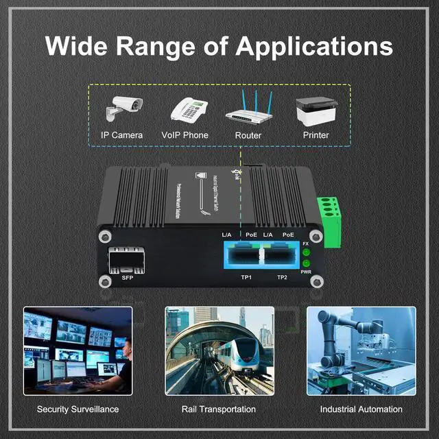 Alt view image 3 of 5 - Mini Industrial 2 Ports Gigabit PoE Media Converter 12~48V DC Input Hardened 10/100/1000M 48V 30W PoE Ethernet to Fiber Optic Converter 802.3af/at Support 100/1000M SFP Module Auto Sensing
