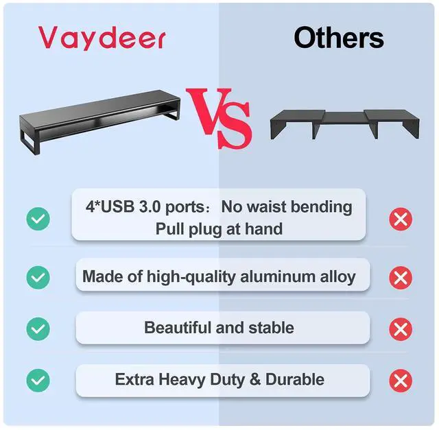 Alt view image 4 of 5 - Vaydeer 2 Tiers Dual Monitor Stand USB 3.0 Aluminum Monitor Riser Strong & Sturdy Suitable for Computer,PC Monitor, Laptop, TV, Printer Metal Desk Organizer black