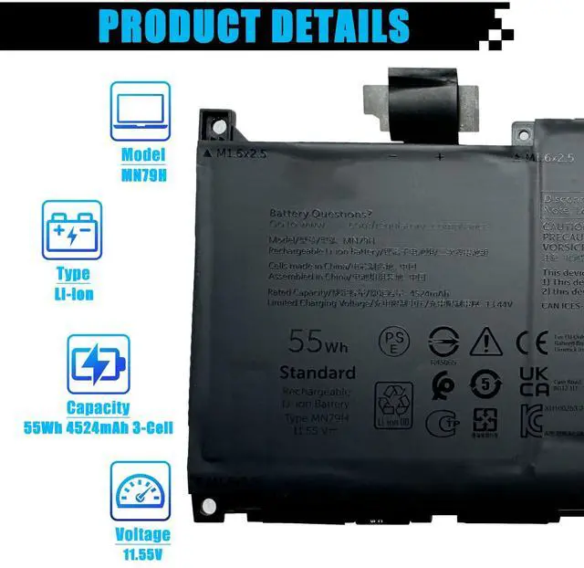 Alt view image 2 of 5 - AOMKA MN79H Laptop Battery Replacement for Dell XPS 9320 XPS 13 Plus 9320 XPS 13 9340 XPS 13 9345 Series Notebook 0MN79H J7H5M 0J7H5M NXRKW 0NXRKW 2FVJM 02FVJM 11.55V 55Wh 4524mAh 3-Cell