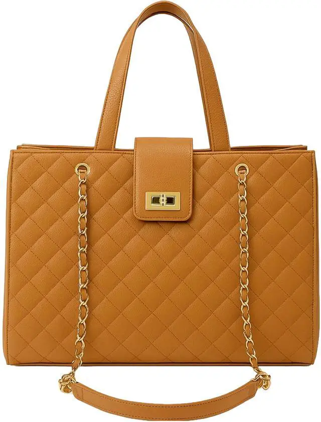 Main image of Quilted Laptop Bag for Women, 15.6 inch PU Leather Shoulder Purse Tote Business Office Messenger Casual Handbag (Tan)