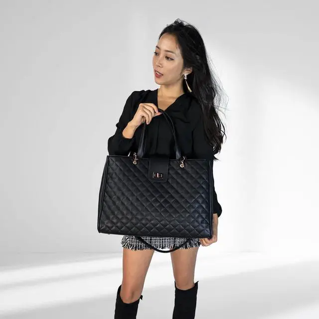 Alt view image 5 of 5 - Quilted Laptop Bag for Women, 15.6 inch PU Leather Shoulder Purse Tote Business Office Messenger Casual Handbag (Tan)