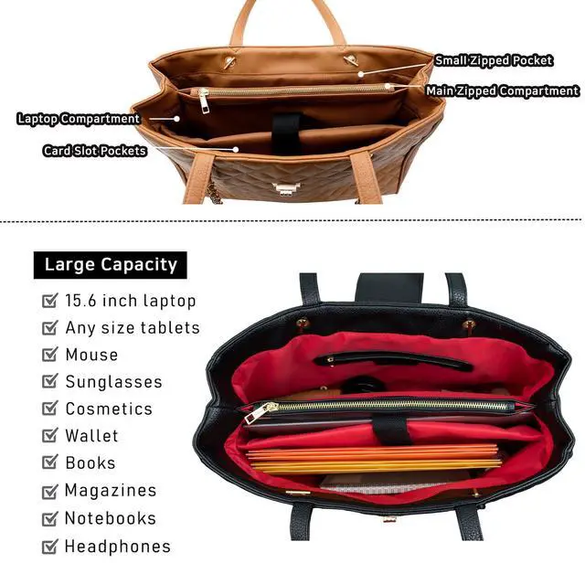 Alt view image 4 of 5 - Quilted Laptop Bag for Women, 15.6 inch PU Leather Shoulder Purse Tote Business Office Messenger Casual Handbag (Tan)