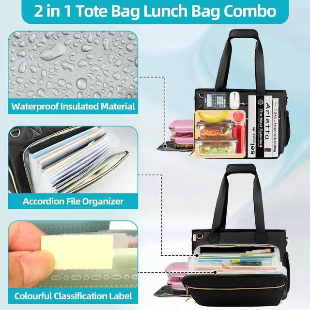 Alt view image 2 of 5 - ahzske Lunch Work Tote Bag for Women with Accordion File Organizer Pocket, 3 in 1 Daily Tote Bag with Insulated Lunch Compartment& 15.6 Inch Laptop Compartment for Business Teacher Nurse (Black)