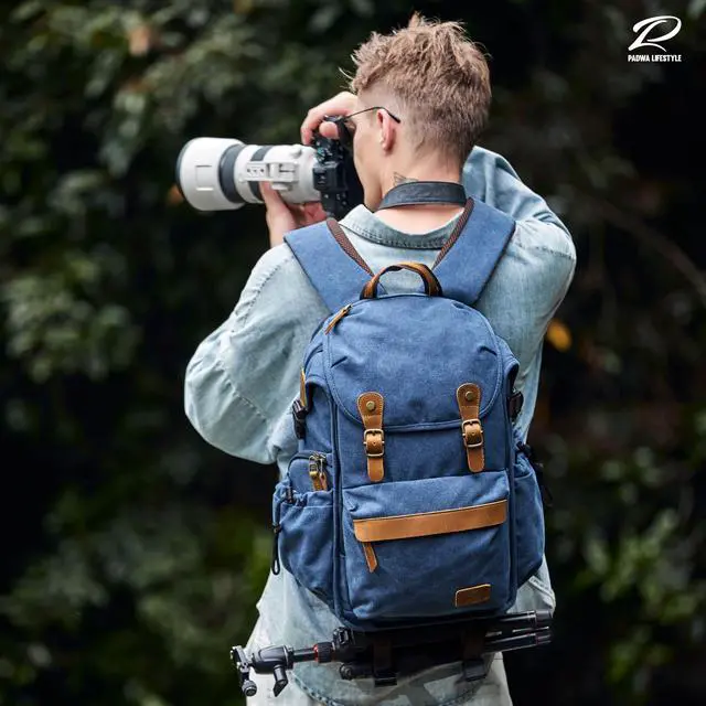 Alt view image 2 of 5 - Padwa Lifestyle Blue Camera Backpack - Professional DSLR & UAV Camera Bag,Anti Theft Canvas Camera Backpack with Rain Cover,Large Capacity Photography Travel Camera Bag with Multi Compartments