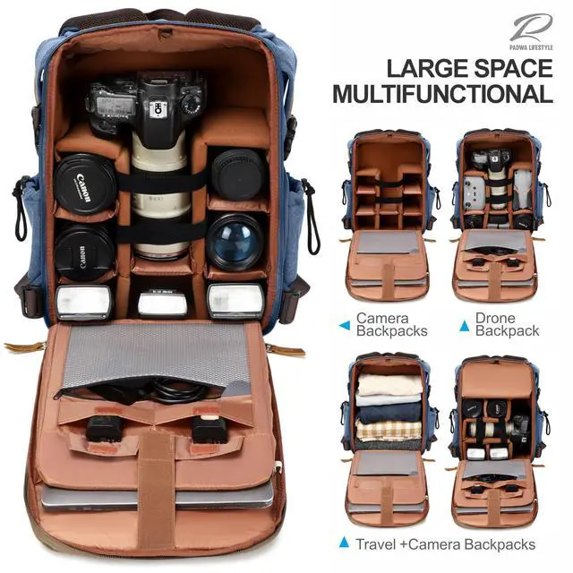 Alt view image 3 of 5 - Padwa Lifestyle Blue Camera Backpack - Professional DSLR & UAV Camera Bag,Anti Theft Canvas Camera Backpack with Rain Cover,Large Capacity Photography Travel Camera Bag with Multi Compartments