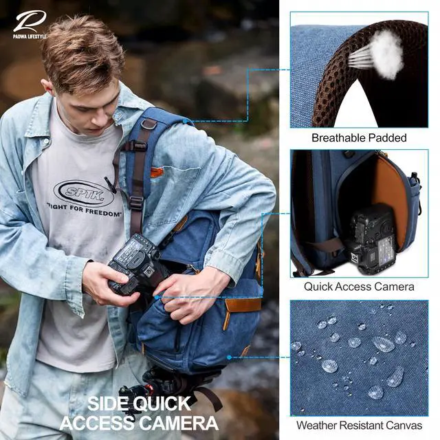 Alt view image 5 of 5 - Padwa Lifestyle Blue Camera Backpack - Professional DSLR & UAV Camera Bag,Anti Theft Canvas Camera Backpack with Rain Cover,Large Capacity Photography Travel Camera Bag with Multi Compartments