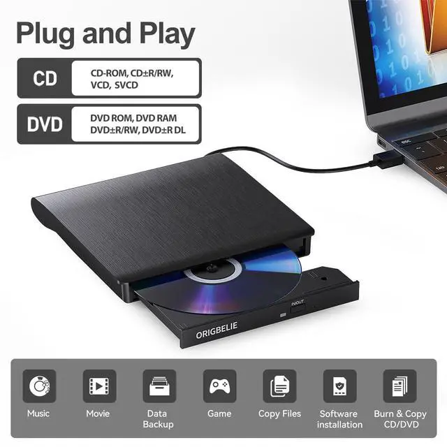 Alt view image 2 of 5 - ORIGBELIE External CD DVD Drive for Laptop, USB 3.0 Portable CD DVD Burner Player Reader Writer for MacBook iMac Laptop Desktop PC Windows 11/10/8/7/XP Linux Mac OS with Carrying Case
