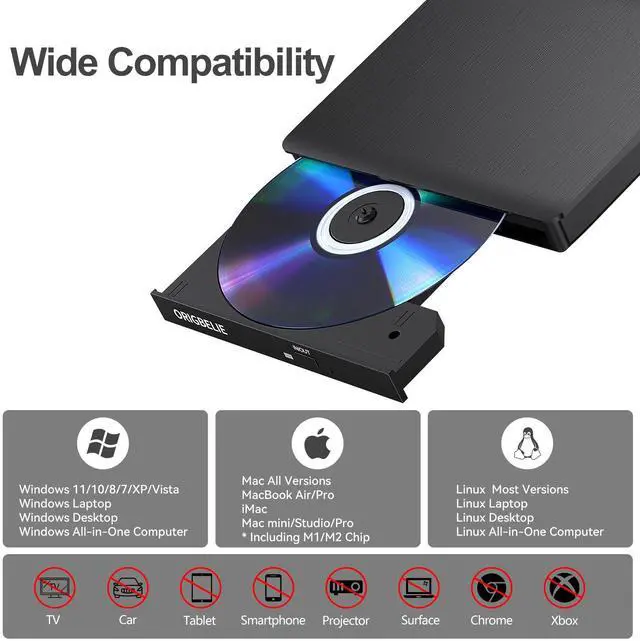 Alt view image 4 of 5 - ORIGBELIE External CD DVD Drive for Laptop, USB 3.0 Portable CD DVD Burner Player Reader Writer for MacBook iMac Laptop Desktop PC Windows 11/10/8/7/XP Linux Mac OS with Carrying Case