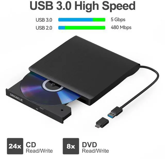 Alt view image 3 of 5 - ORIGBELIE External CD DVD Drive for Laptop, USB 3.0 Portable CD DVD Burner Player Reader Writer for MacBook iMac Laptop Desktop PC Windows 11/10/8/7/XP Linux Mac OS with Carrying Case
