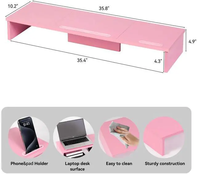 Alt view image 2 of 5 - Dual Monitor Stand Riser with Phone Tablet Holder, 35.8in Large Monitor Stand for Desk, Computer Monitor Stand for 2 Monitors, Desk Shelf for Top of Desk, Desktop Organizer for Laptop, Printer, TV