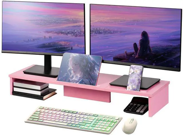 Main image of Dual Monitor Stand Riser with Phone Tablet Holder, 35.8in Large Monitor Stand for Desk, Computer Monitor Stand for 2 Monitors, Desk Shelf for Top of Desk, Desktop Organizer for Laptop, Printer, TV