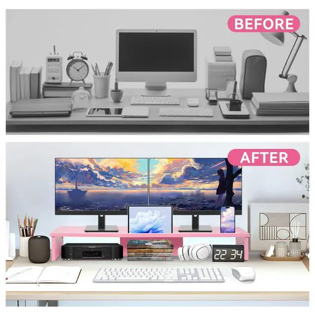 Alt view image 4 of 5 - Dual Monitor Stand Riser with Phone Tablet Holder, 35.8in Large Monitor Stand for Desk, Computer Monitor Stand for 2 Monitors, Desk Shelf for Top of Desk, Desktop Organizer for Laptop, Printer, TV