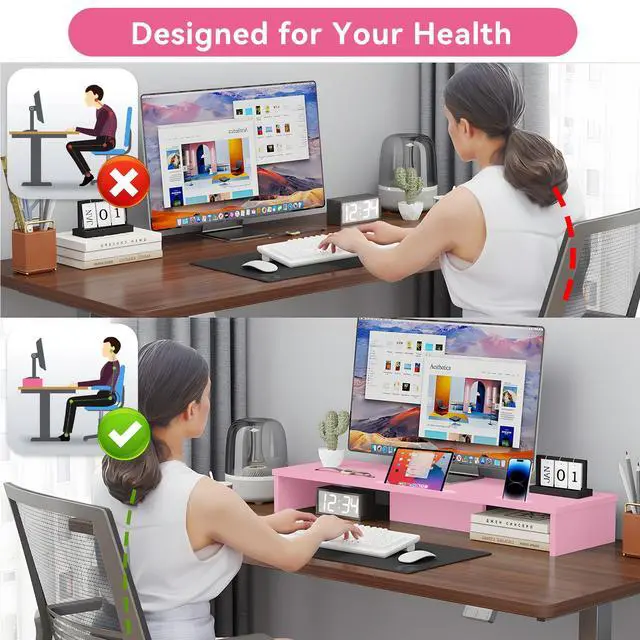 Alt view image 5 of 5 - Dual Monitor Stand Riser with Phone Tablet Holder, 35.8in Large Monitor Stand for Desk, Computer Monitor Stand for 2 Monitors, Desk Shelf for Top of Desk, Desktop Organizer for Laptop, Printer, TV