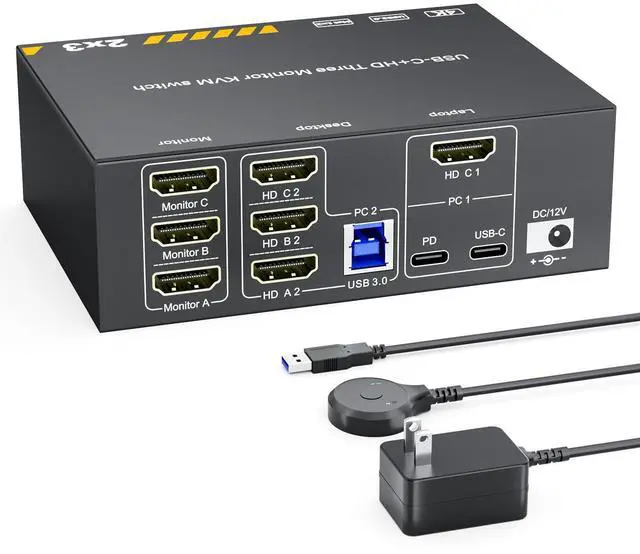 Main image of KVM Switch 3 Monitors for 1 Laptop and 1 Desktop 4K@60Hz, USB C HDMI Three Monitor KVM Switch,Docking Station KVM Switches with 4 USB 3.0 Port, 87W PD Charging