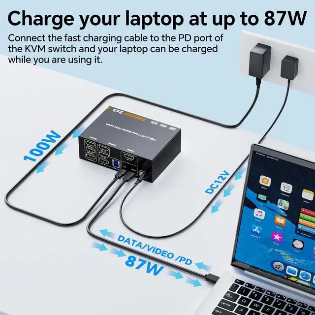 Alt view image 4 of 5 - KVM Switch 3 Monitors for 1 Laptop and 1 Desktop 4K@60Hz, USB C HDMI Three Monitor KVM Switch,Docking Station KVM Switches with 4 USB 3.0 Port, 87W PD Charging