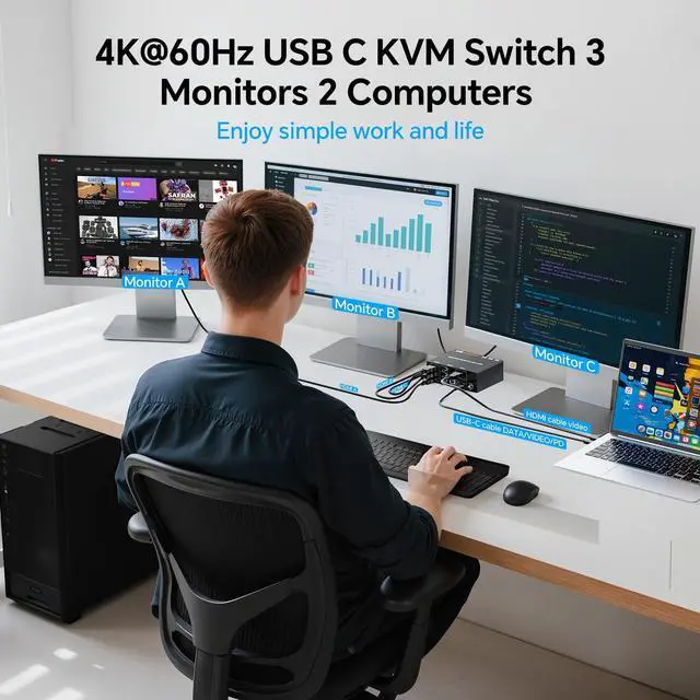 Alt view image 5 of 5 - KVM Switch 3 Monitors for 1 Laptop and 1 Desktop 4K@60Hz, USB C HDMI Three Monitor KVM Switch,Docking Station KVM Switches with 4 USB 3.0 Port, 87W PD Charging