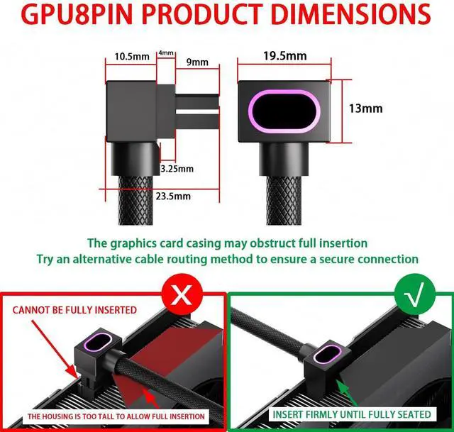 Alt view image 3 of 4 - AIJS 8PIN GPU Extension Cable, ARGB PC Cable with 5V 3Pin,18AWG 90° Right-Angle Design for Cleaner PC Builds,Male-to-Female Connectors Suitable for Various GPU and Power Supply.30CM(Black-GPU-Clip A)