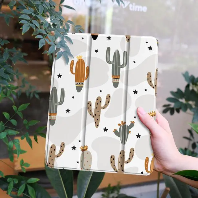 Alt view image 2 of 5 - Yebiseven Case for iPad 10.2 inch 9th/8th/7th Generation, Smart Tablet Case for iPad 10.2" 2021/2020/2019, Hard Clear Acrylic Back Shell with Pencil Holder + Auto Wake/Sleep, Cute Cactus