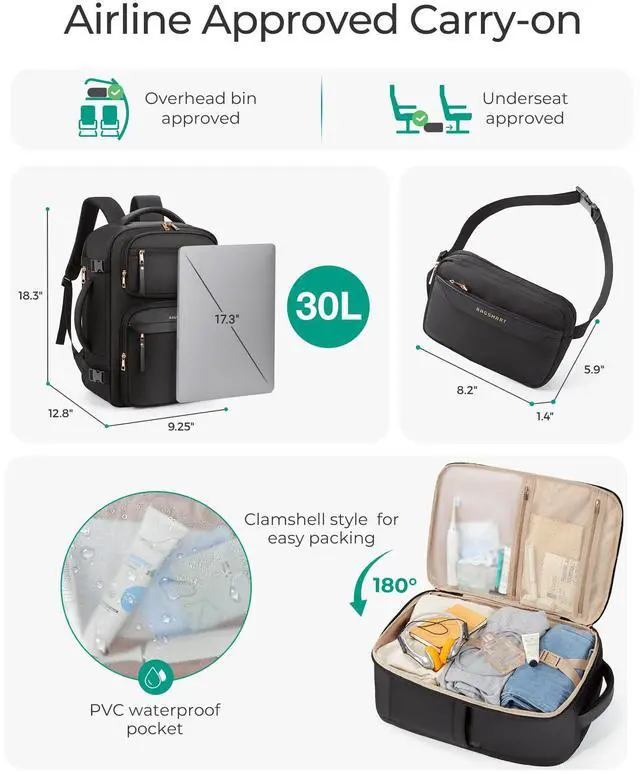 Alt view image 3 of 5 - BAGSMART Womens Backpack Carry On Flight Approved, Travel Backpack for Women with Waist Bag,Traveling Lightweight Weekender Casual Daypack 17.3" Laptop Work Back pack Personal Item Bag,Champagne