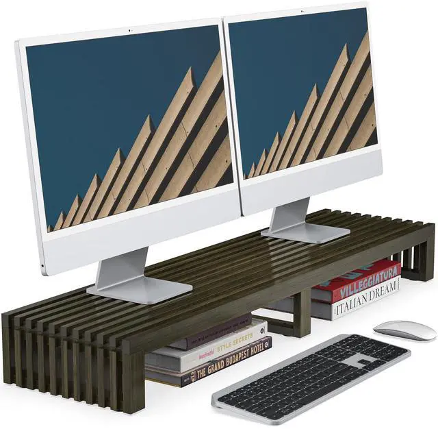 Main image of WELL WENG Monitor Stand Riser for Desk Organization Storage, 39 Inch Dual Monitor Stand for Computer Laptop, Wenge, Sturdy 150lbs Capacity, Bamboo Monitor Riser with Ventilated Grating Design