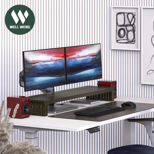 Alt view image 5 of 5 - WELL WENG Monitor Stand Riser for Desk Organization Storage, 39 Inch Dual Monitor Stand for Computer Laptop, Wenge, Sturdy 150lbs Capacity, Bamboo Monitor Riser with Ventilated Grating Design