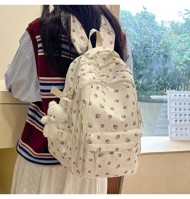 Alt view image 2 of 5 - MININAI Cute Floral Printed Backpack for Women Preppy Kawaii Aesthetic Laptop Bookbag Coquette Work Travel College Daypack (Strawberry)