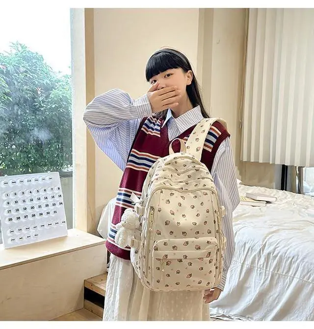 Alt view image 3 of 5 - MININAI Cute Floral Printed Backpack for Women Preppy Kawaii Aesthetic Laptop Bookbag Coquette Work Travel College Daypack (Strawberry)