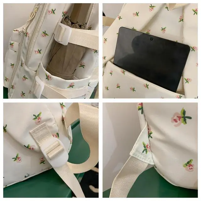 Alt view image 4 of 5 - MININAI Cute Floral Printed Backpack for Women Preppy Kawaii Aesthetic Laptop Bookbag Coquette Work Travel College Daypack (Strawberry)