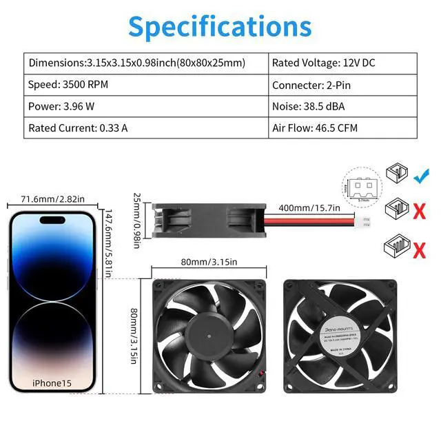 Alt view image 3 of 5 - High-Performance 12V 80mm Dual Ball Bearing IP68 Waterproof Cooling Fan - 3500RPM for RV Refrigerator, Marine Setups & Car Amplifier Ventilation (2-Pack)