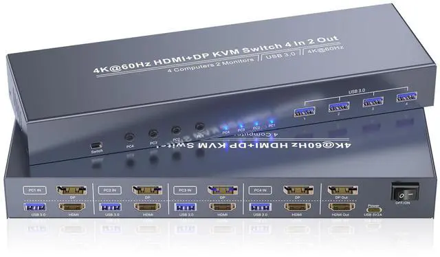 Main image of HDMI + Displayport KVM Switch 2 Monitors 4 Computers, USB3.0 4K60Hz Dual Monitor HDMI DP KVM Switch 4 Port for Managing 4 Computers with 1 Set of Keyboard, Mouse and 2 Monitors