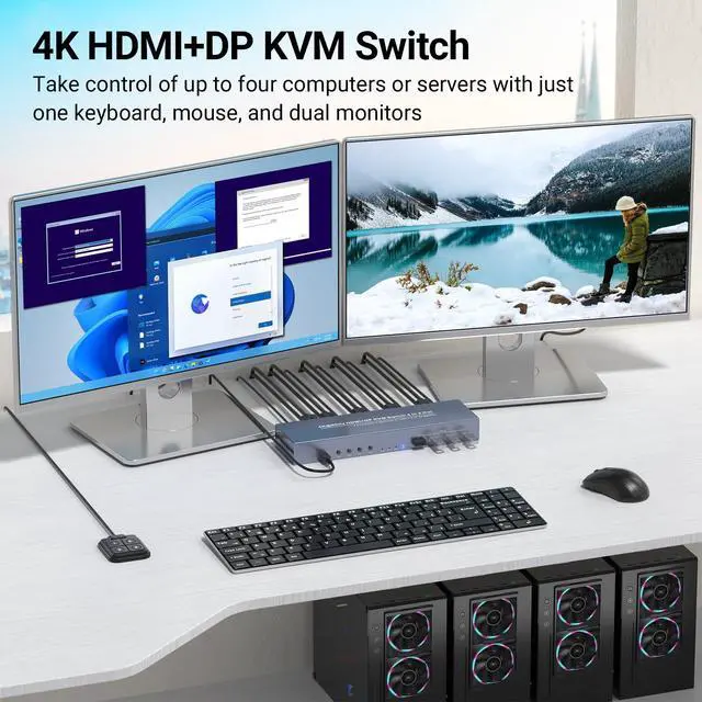Alt view image 2 of 5 - HDMI + Displayport KVM Switch 2 Monitors 4 Computers, USB3.0 4K60Hz Dual Monitor HDMI DP KVM Switch 4 Port for Managing 4 Computers with 1 Set of Keyboard, Mouse and 2 Monitors