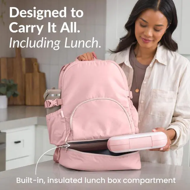 Alt view image 2 of 4 - Bentgo 2-in-1 Adult Backpack & Insulated Lunch Bag  Lightweight, Water-Resistant Travel Backpack with 9 Compartments, Laptop Sleeve & Trolley Sleeve for Work & Everyday Use (Soft Blush)